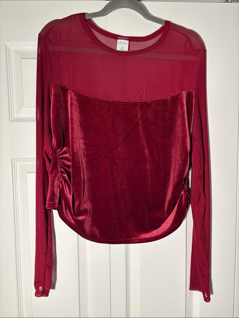 Wild Fable Long Sleeve Sheer & Velvet Top - Deep Red